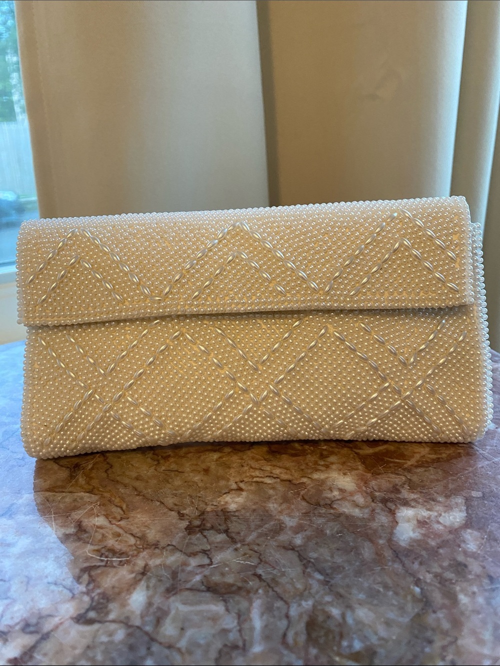 Pearl-Embellished Cream Clutch Bag- made in Japan